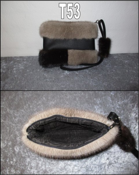 Taske/clutch i grå og brun mink med sort læder